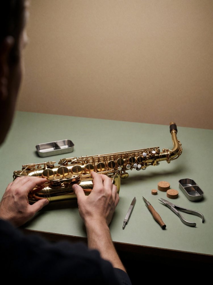 Mãos a reparar um saxofone dourado com ferramentas sobre mesa verde