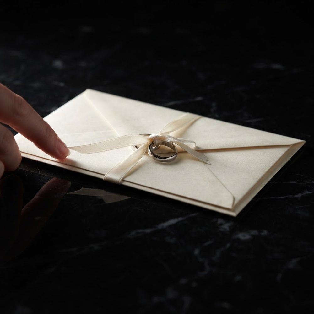 Envelope creme com fita e dois anéis de casamento sobre superfície escura