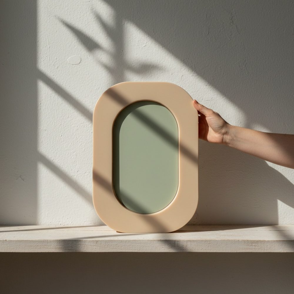 Mão a segurar moldura oval abstrata bege e verde sobre prateleira iluminada
