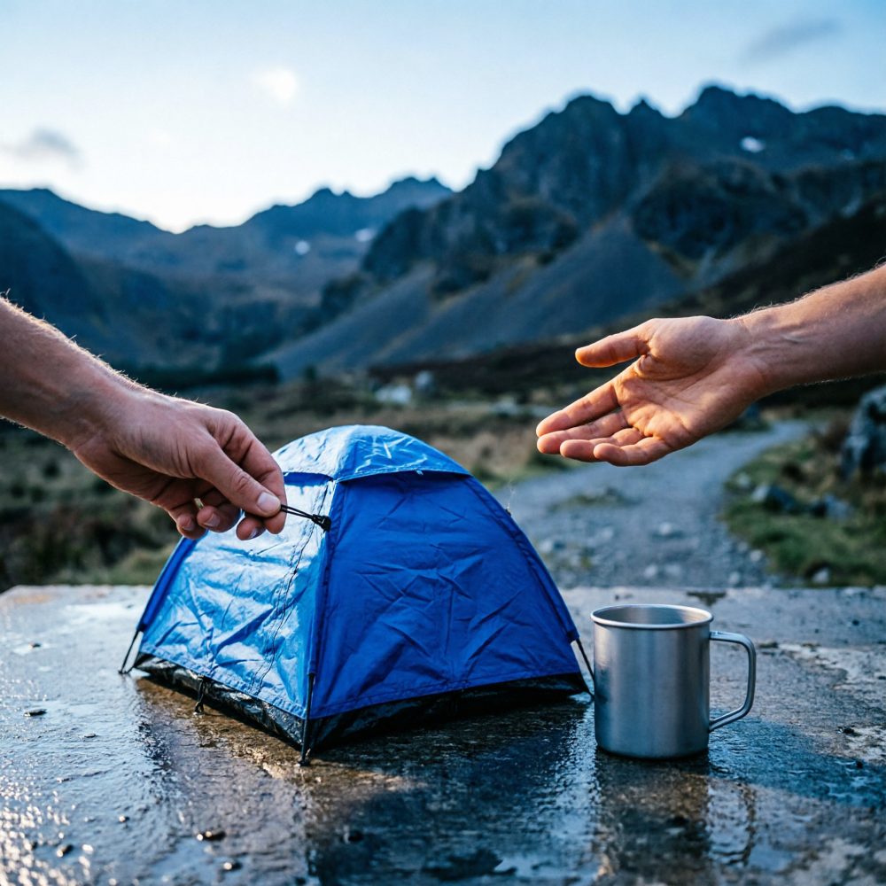 Mãos ajustando tenda azul pequena junto a caneca metálica em paisagem montanhosa ao entardecer