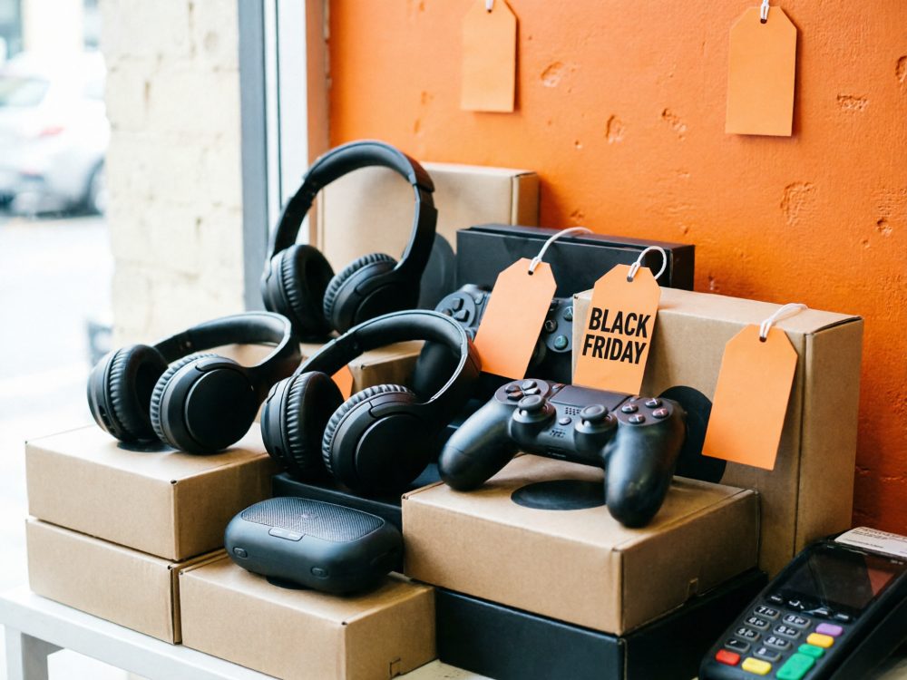 Auscultadores e comandos de videojogos com etiquetas de Black Friday sobre caixas de cartão numa superfície branca