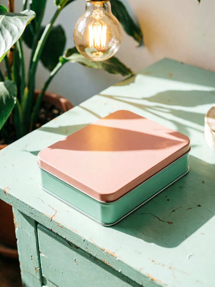Caixa metálica rosa e verde sobre mesa azul envelhecida com luz amarelada e planta ao fundo