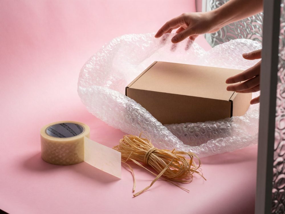 Mãos a embalar uma caixa de cartão com plástico bolha, fita adesiva e corda de ráfia em fundo rosa