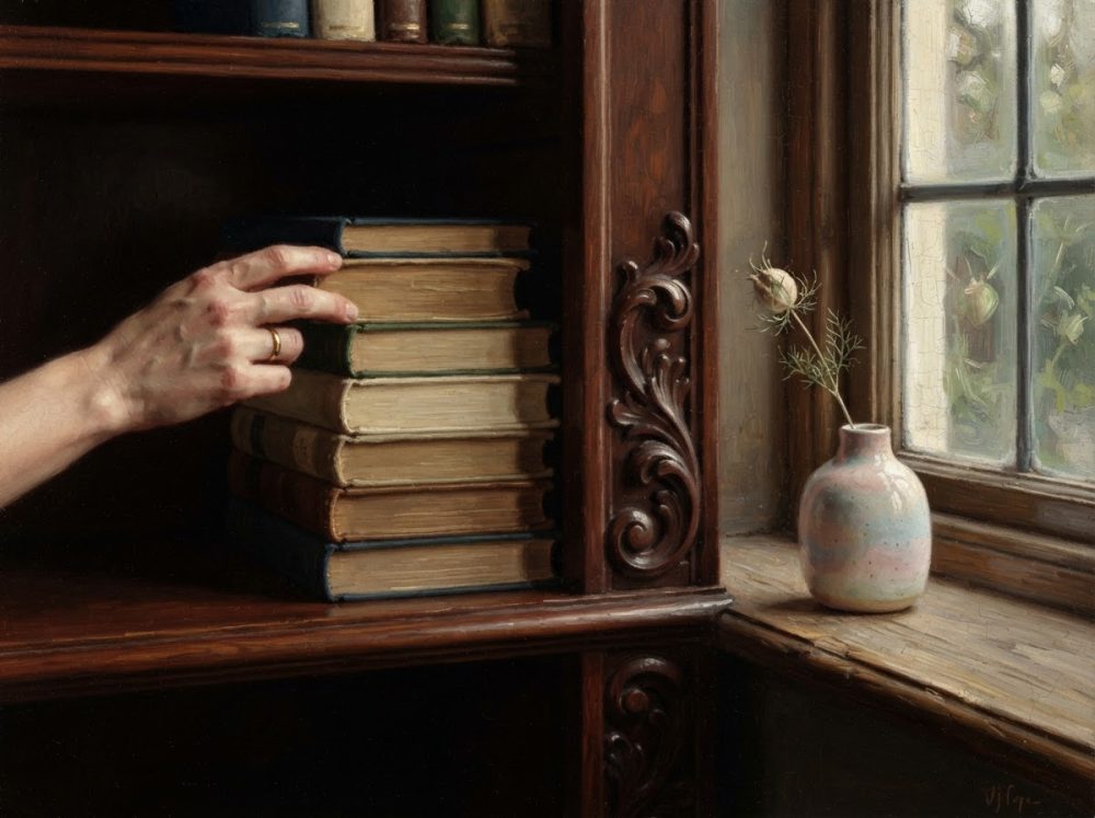 Estante de madeira com livros antigos e vaso com flor junto a uma janela
