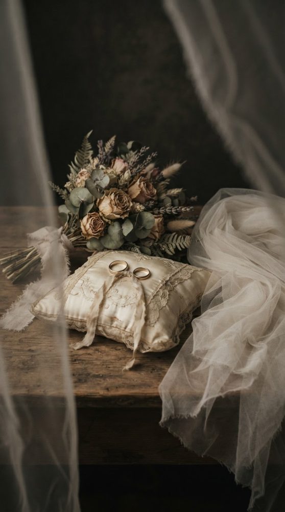 Alianças de casamento sobre almofada rendada com ramo seco e véu transparente numa mesa de madeira rústica