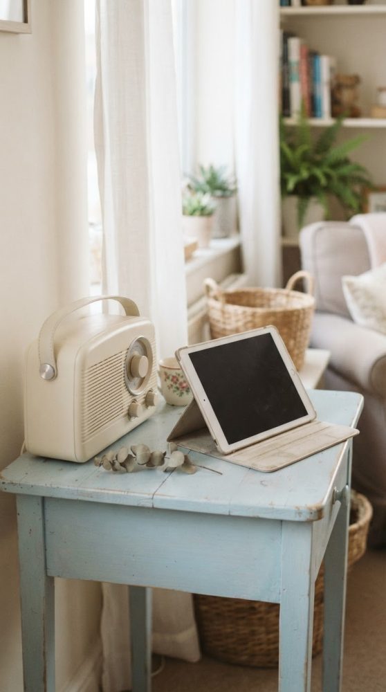 Mesa azul vintage com rádio retro creme e tablet apoiado, perto de janela iluminada, sala acolhedora.