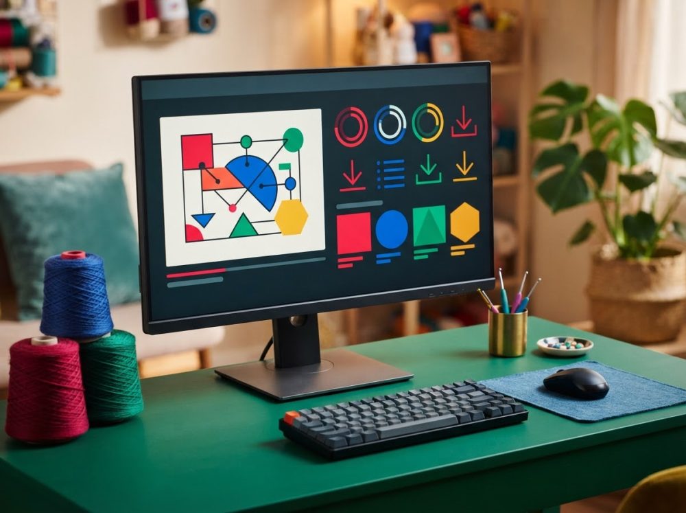Monitor com gráficos coloridos, teclado e ambiente criativo numa secretária verde
