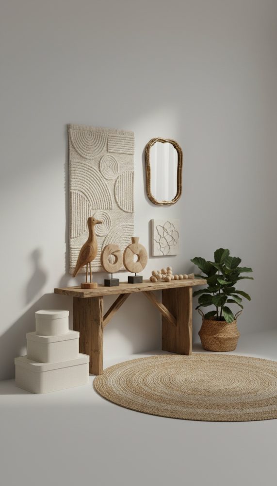 Mesa rústica com decoração natural, tapete redondo e parede com quadros em relevo e espelho