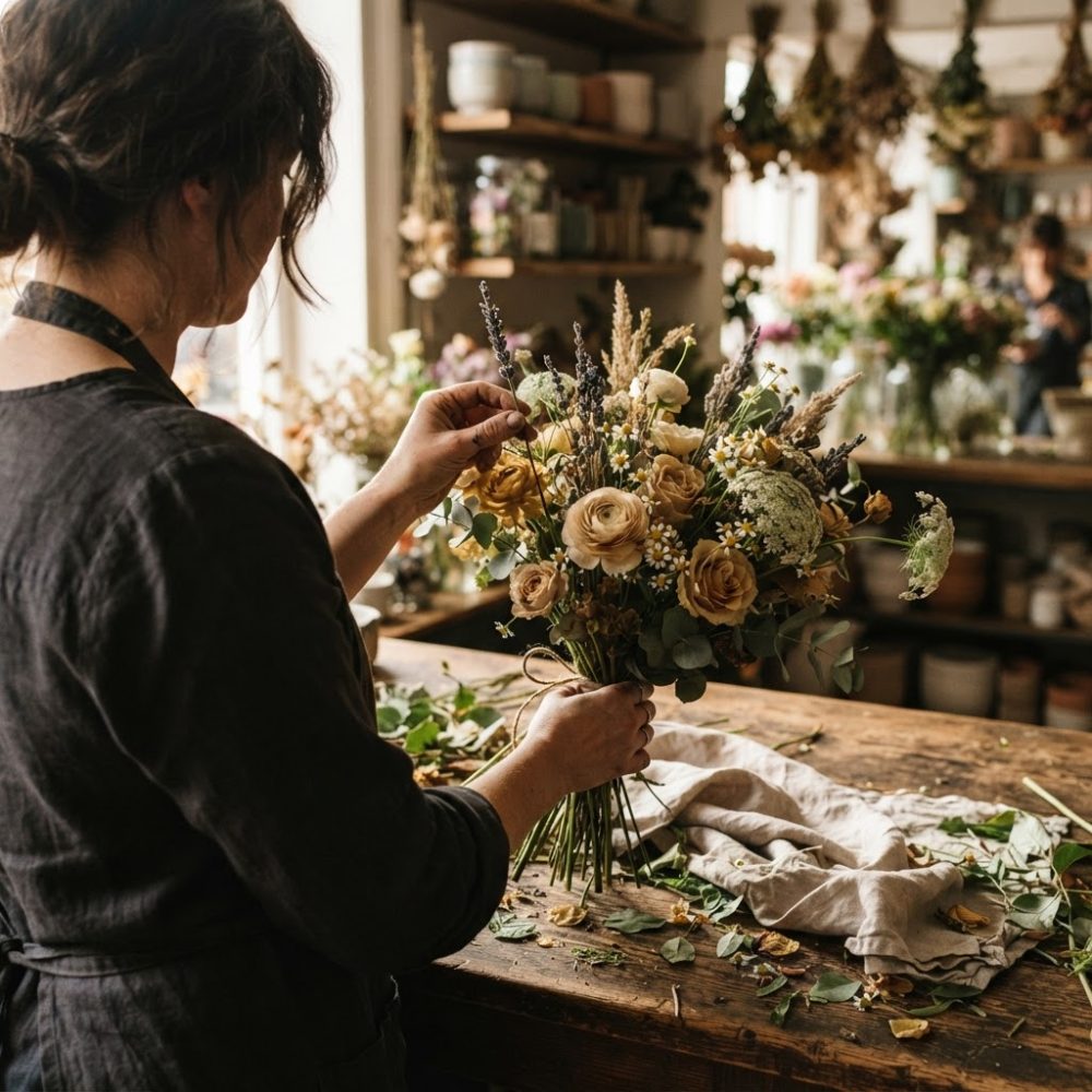 Florista a montar bouquet de flores naturais em bancada de madeira rústica, ambiente acolhedor