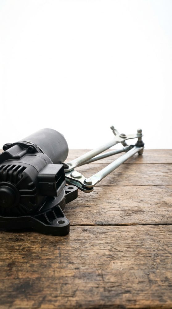 Motor elétrico e estrutura metálica para escovas limpa para-brisas sobre madeira