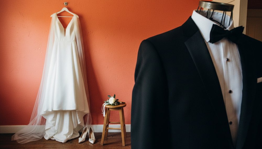 Vestido de noiva branco com véu, sapatos e corsage ao lado de fato de noivo preto com gravata borboleta