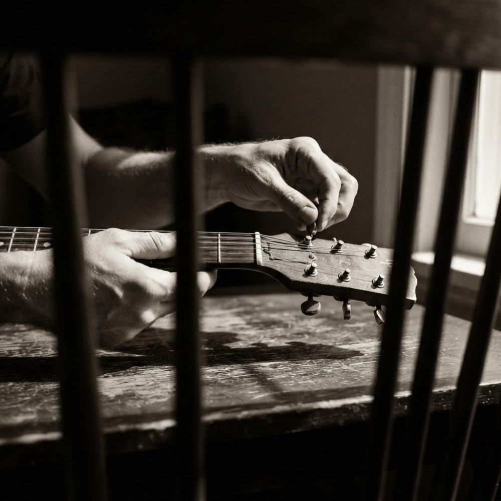 Mãos afinam guitarra clássica de madeira numa mesa rústica com luz natural suave