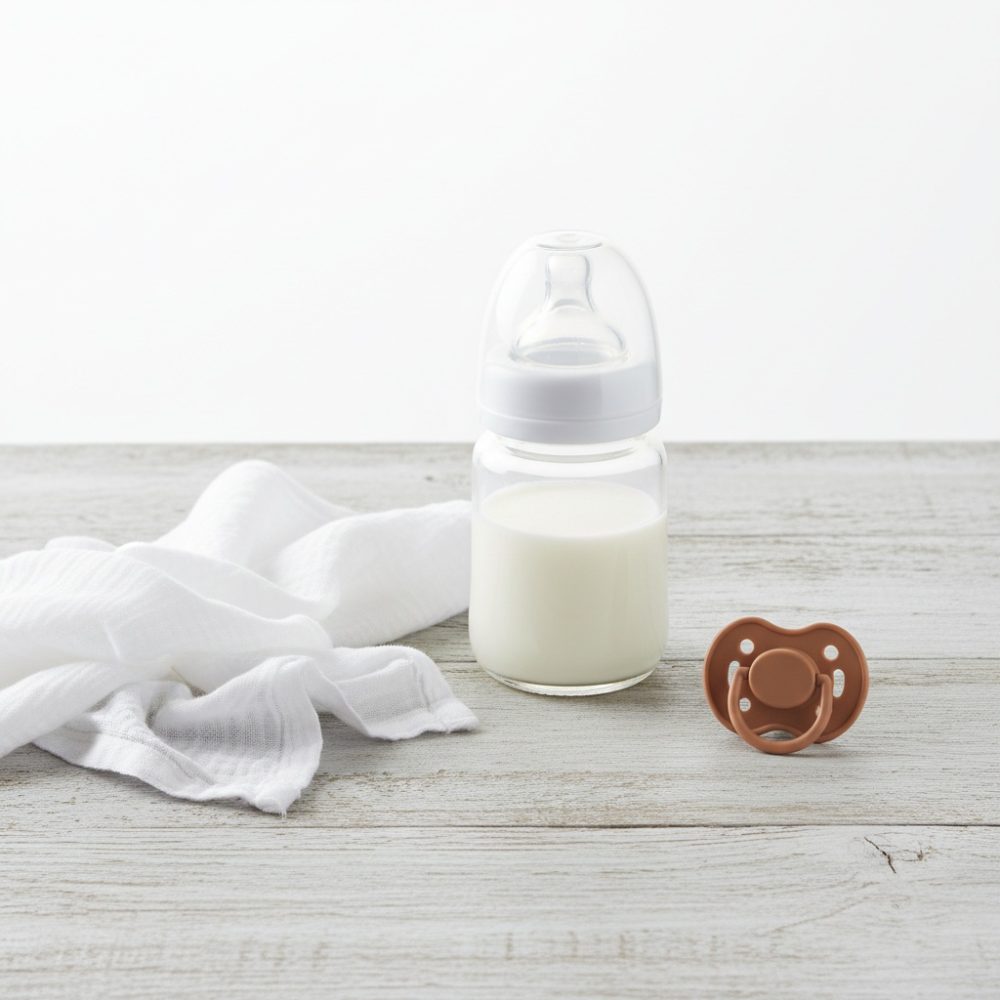Mamadeira com leite, chupeta castanha e pano branco sobre mesa de madeira clara