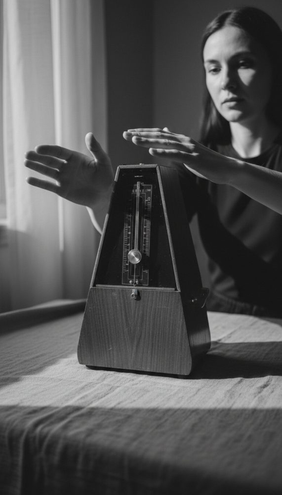 Mulher a usar metrónomo clássico de madeira para prática musical