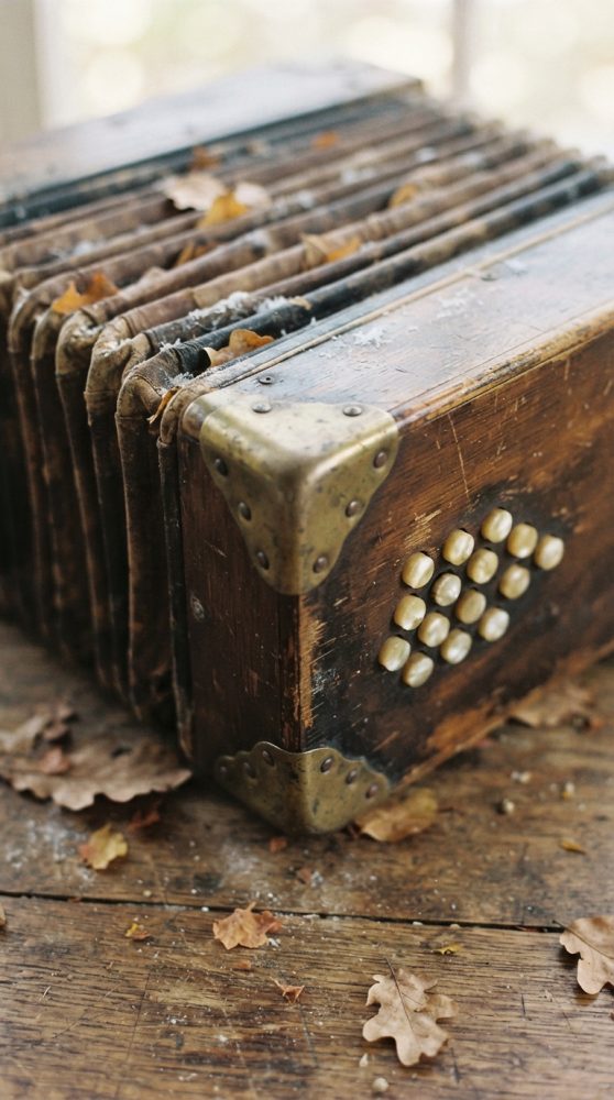 Concertina musical antiga em madeira e metal sobre chão com folhas secas