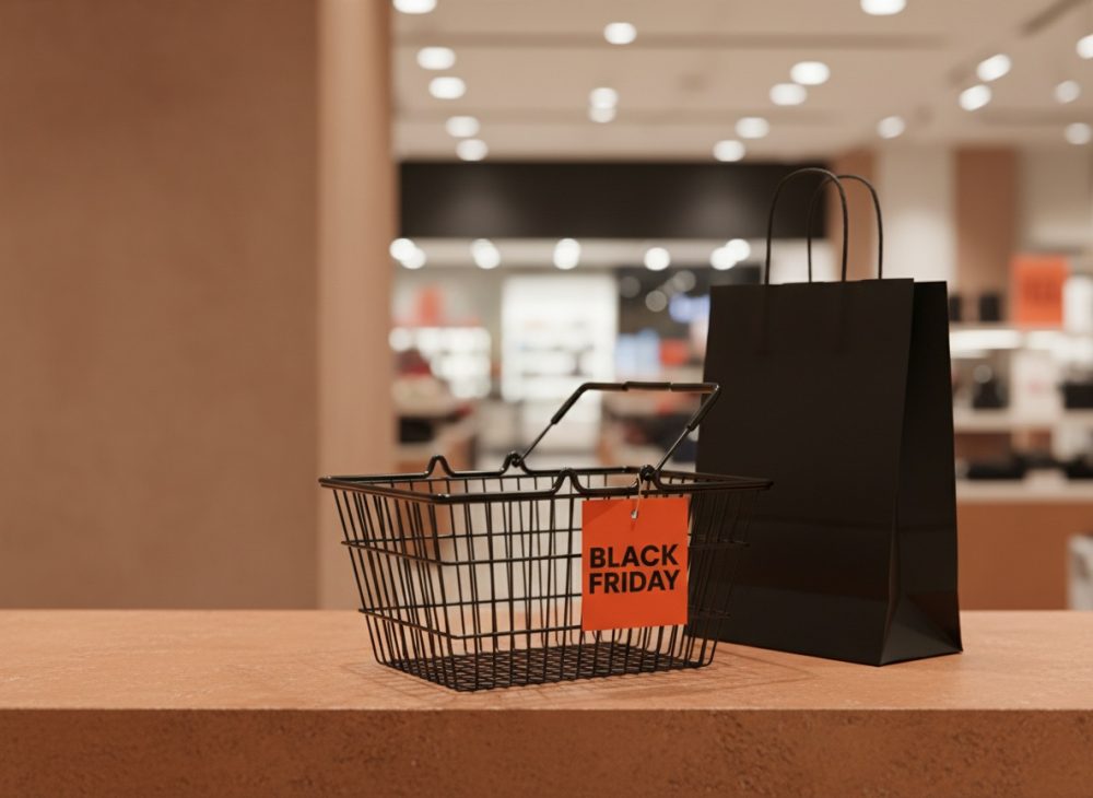 Cesto de metal negro com etiqueta Black Friday e saco preto, em balcão de loja moderna.