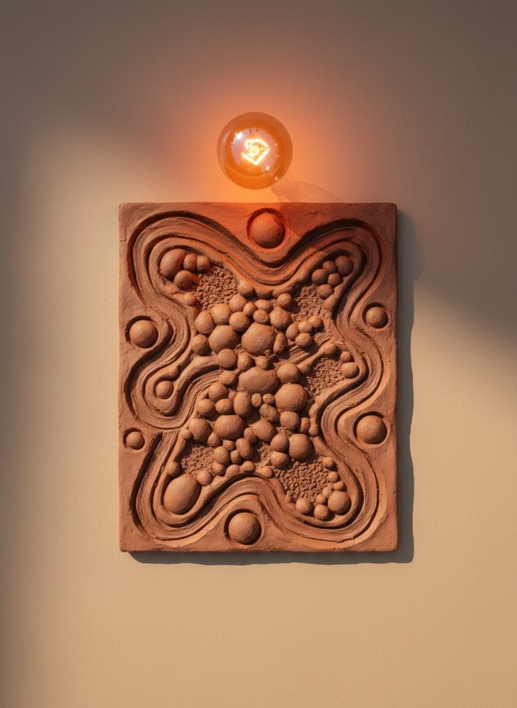 Painel abstrato em terracota com formas redondas e ondulações iluminado por luz ambar
