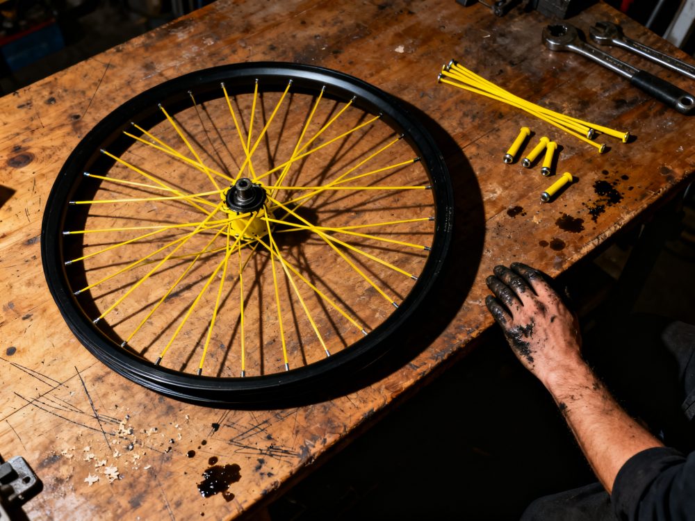 Roda de bicicleta preta com raios amarelos sobre mesa de madeira com ferramentas e mão suja de graxa