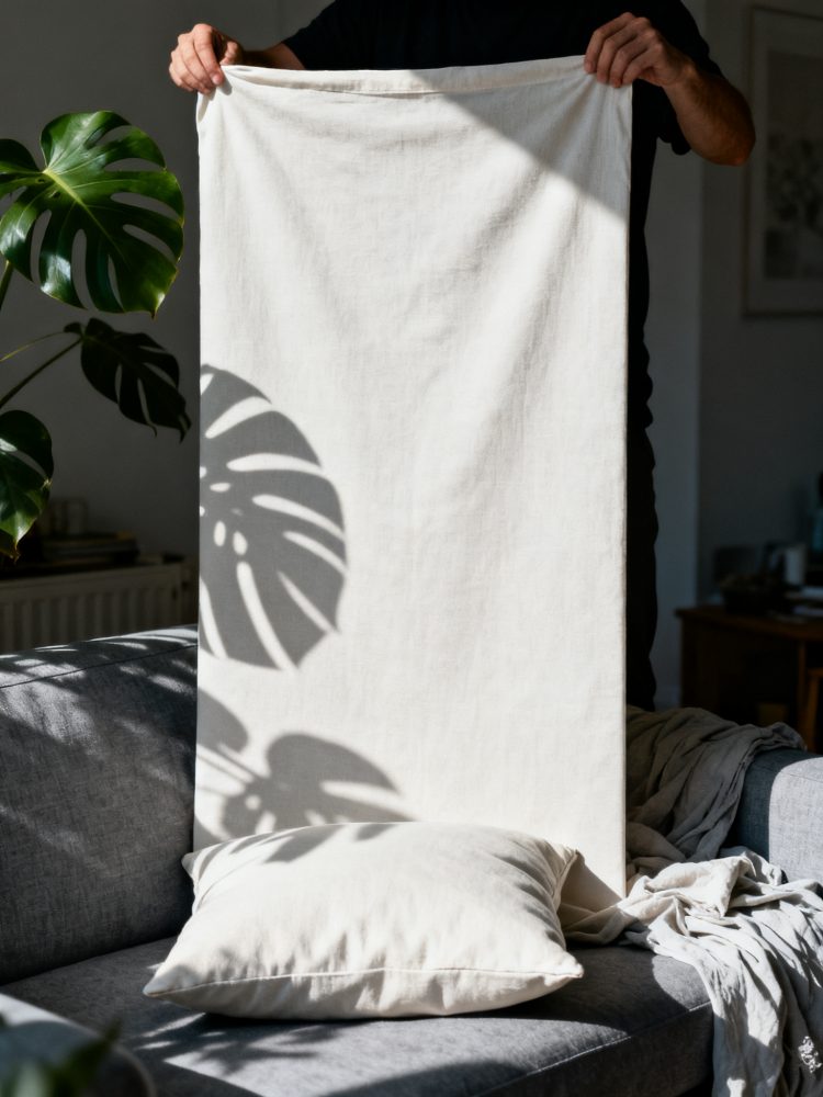 Pessoa segura pano branco com sombra de folhas tropicais num sofá cinza com almofada clara