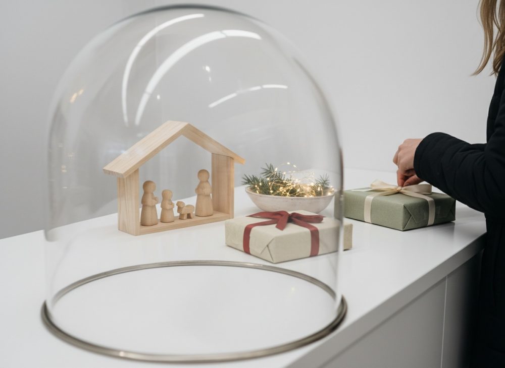 Presépio de madeira minimalista com presentes e decoração luminosa sobre mesa branca