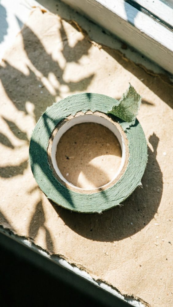 Rolo de fita adesiva verde colocado sobre superfície clara com sombras naturais