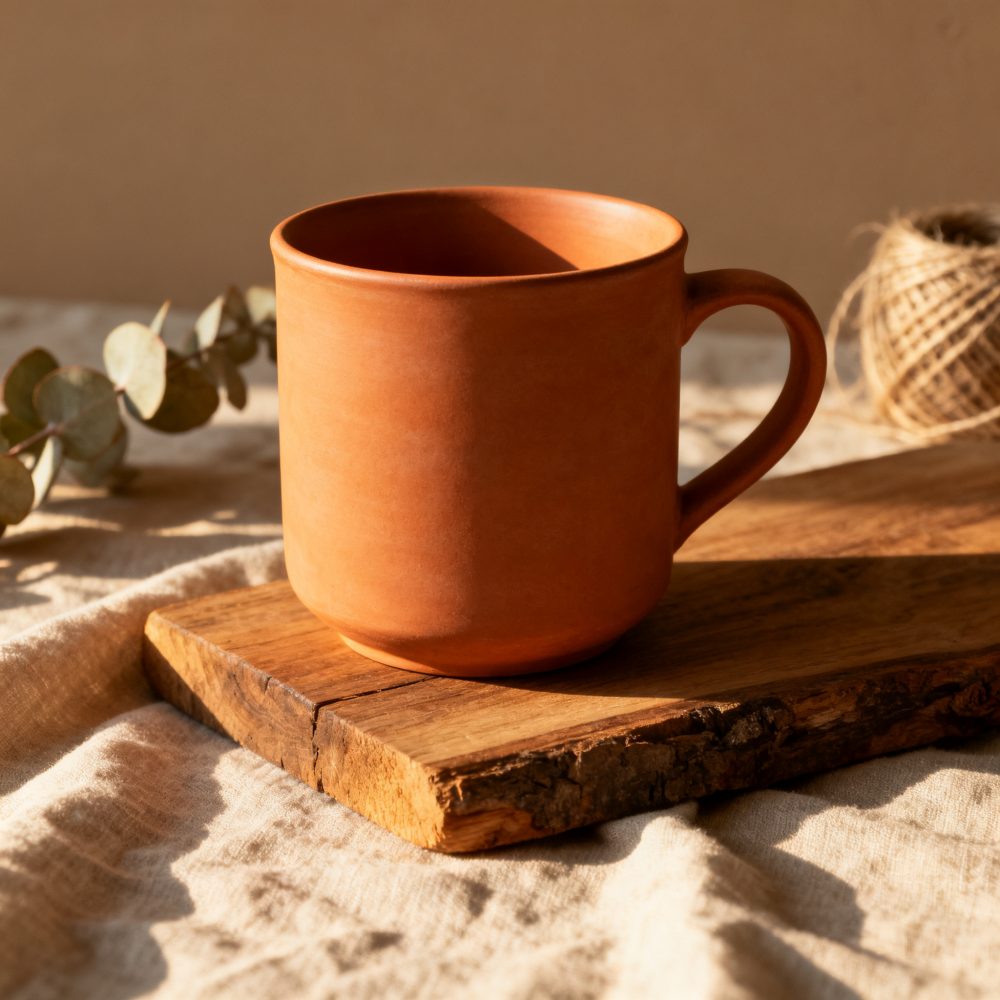 Caneca de barro castanho sobre tábua de madeira rústica com tecido e folhas secas ao fundo