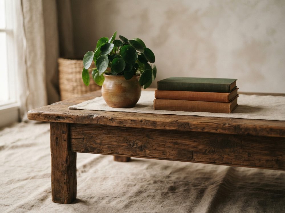 Mesa de centro rústica em madeira com vaso de planta verde e três livros sobre toalha clara