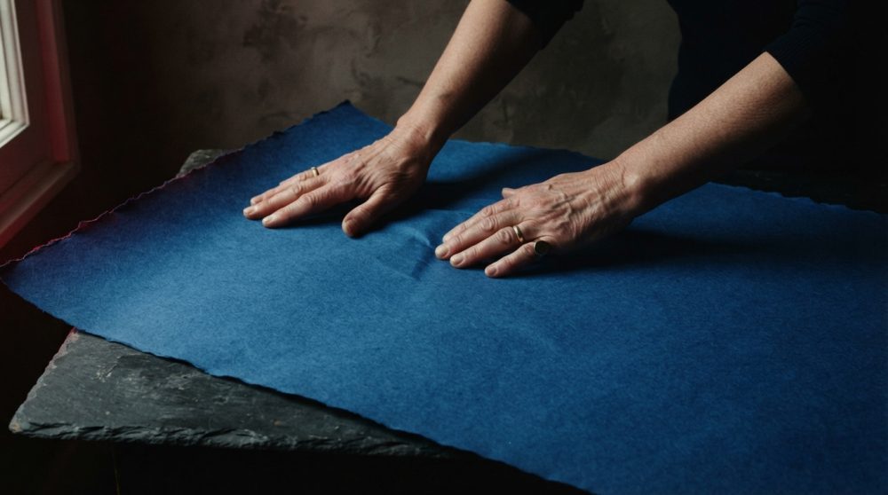 Mãos femininas sobre tecido azul estendido em mesa escura junto a janela