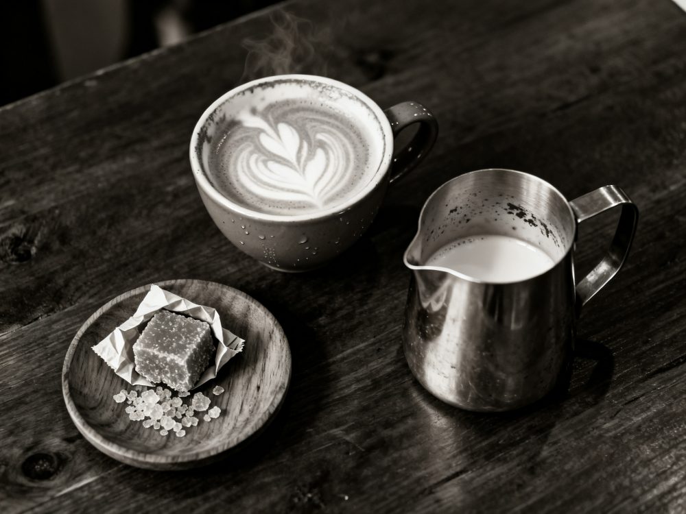 Xícara com cafe latte, jarro metálico com leite e prato com açúcar sobre mesa de madeira escura