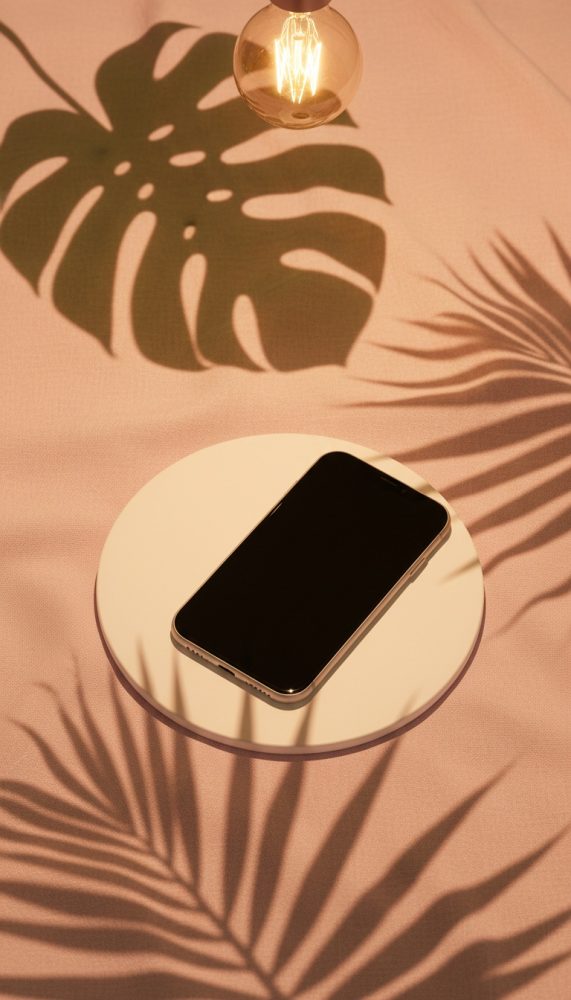 Smartphone sobre base branca com sombras de folhas tropicais e lâmpada iluminada