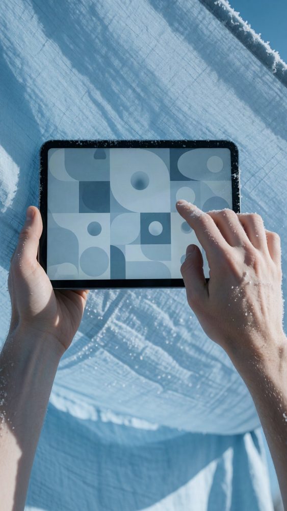 Mãos segurando um tablet com padrões geométricos sobre fundo de neve branca