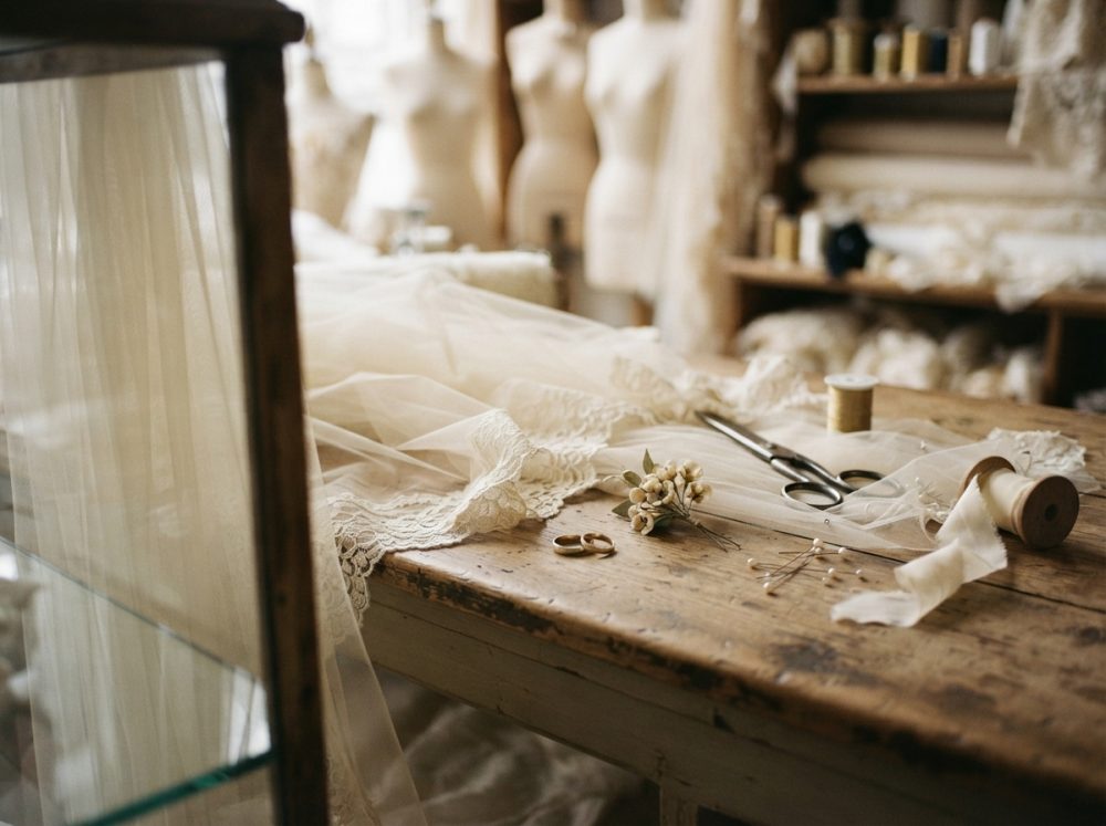 Mesa de costura com tecido de renda, tesoura, alfinetes e alianças num atelier de casamento