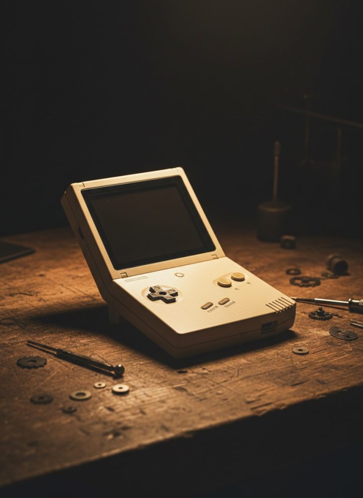 Consola portátil retro bege com botões sobre mesa de madeira com ferramentas e peças pequenas