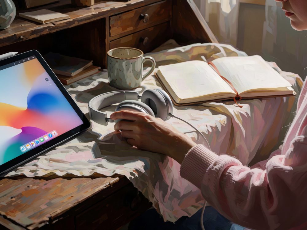 Mesa com tablet, headphones, caneca e livro aberto em luz natural suave