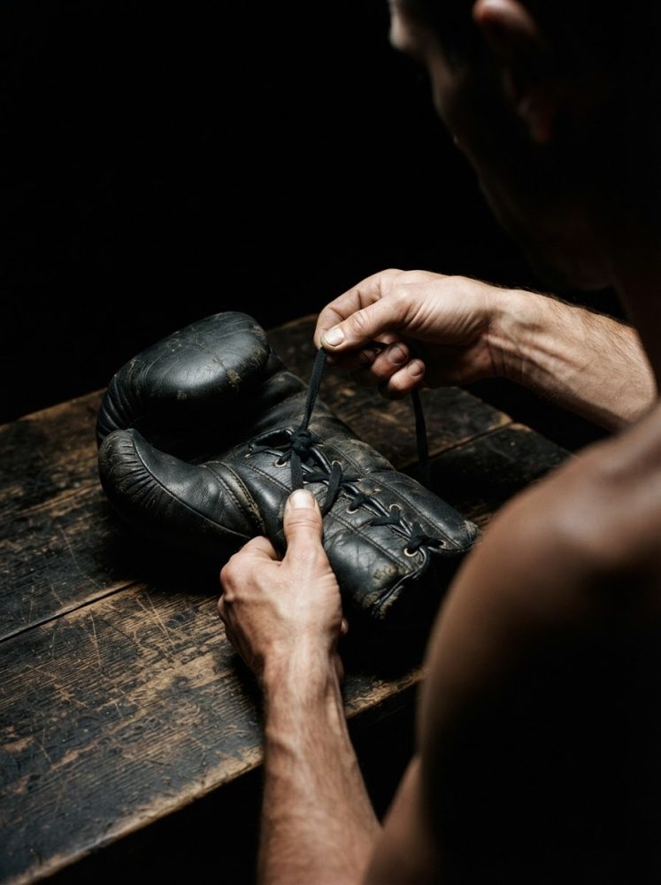 Mãos masculinas a atar cordões de luvas de boxe pretas gastas sobre mesa de madeira