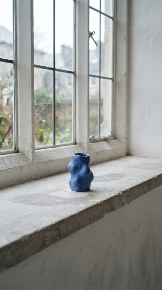 Vaso azul artístico de cerâmica num parapeito de janela em ambiente rústico e luminoso