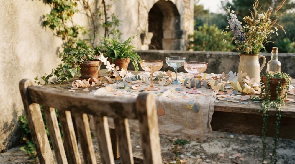 Mesa de madeira rústica decorada com confetis, copos de vidro coloridos e plantas ao ar livre