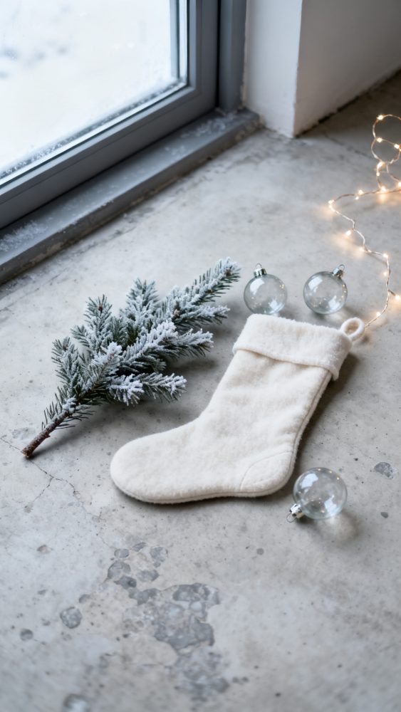 Meia de Natal branca junto a ramo de pinheiro nevado, bolas transparentes e luzes sobre chão cinzento