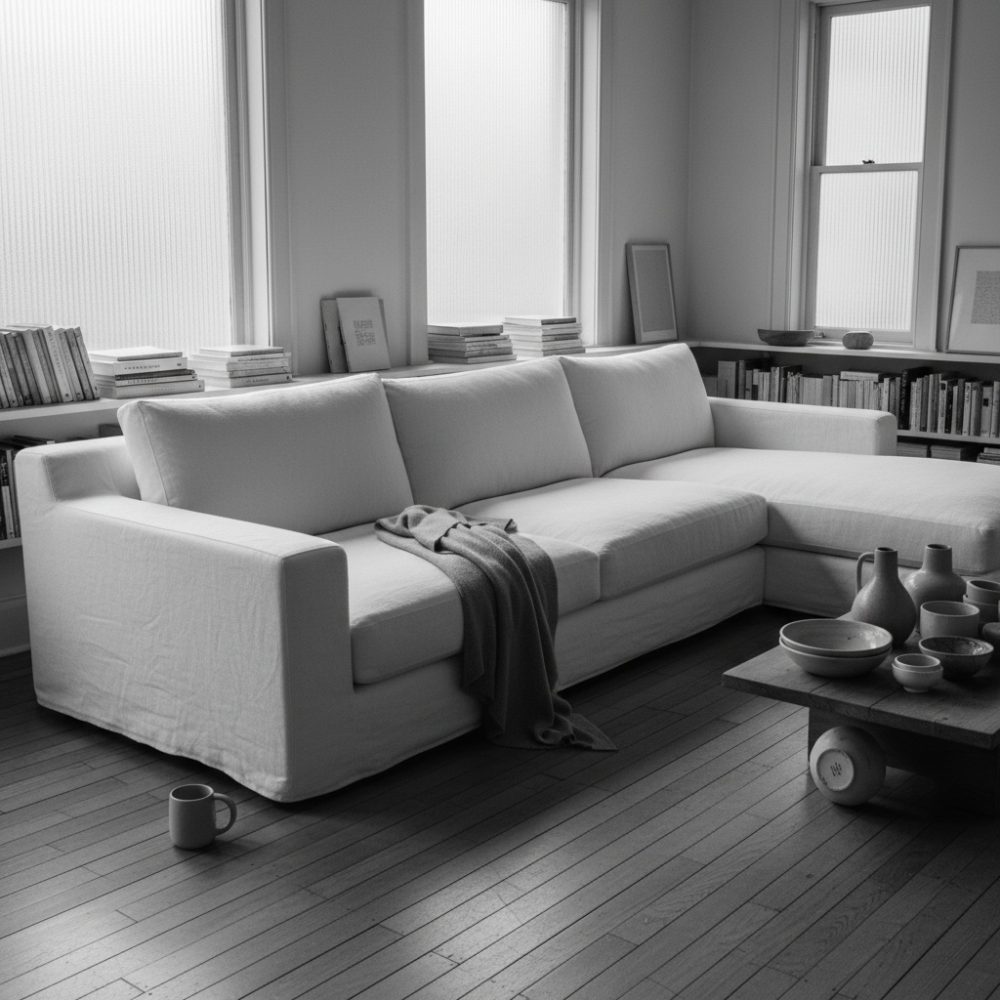 Sofá chaise longue claro numa sala de estar minimalista com janelas e estantes de livros
