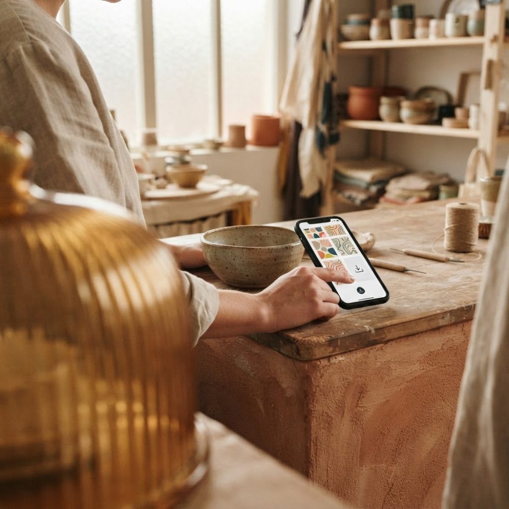 Pessoa com smartphone a fazer download de produtos digitais num espaço artesanal com cerâmicas
