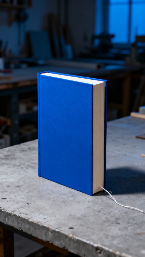 Livro azul de capa dura em pé sobre mesa de cimento em oficina desfocada