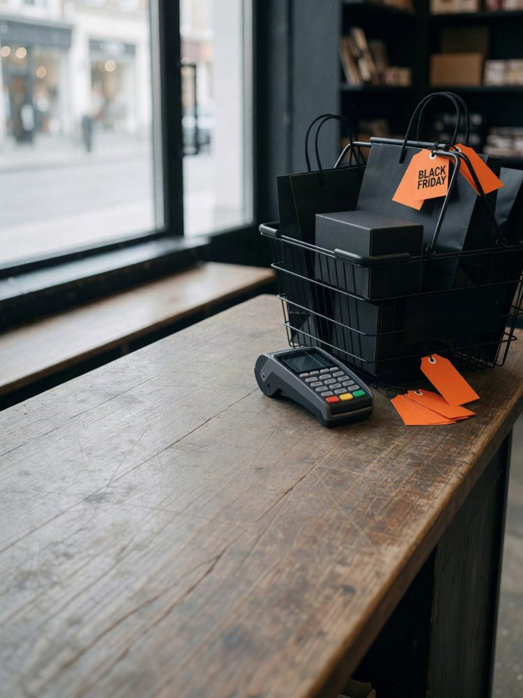 Cesto preto com sacos de compras e etiquetas Black Friday num balcão de madeira junto a terminal de pagamento