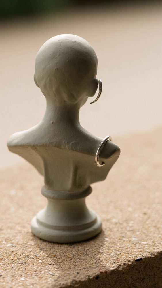 Busto cinzento com dois brincos de argola em prata, luz suave e fundo neutro