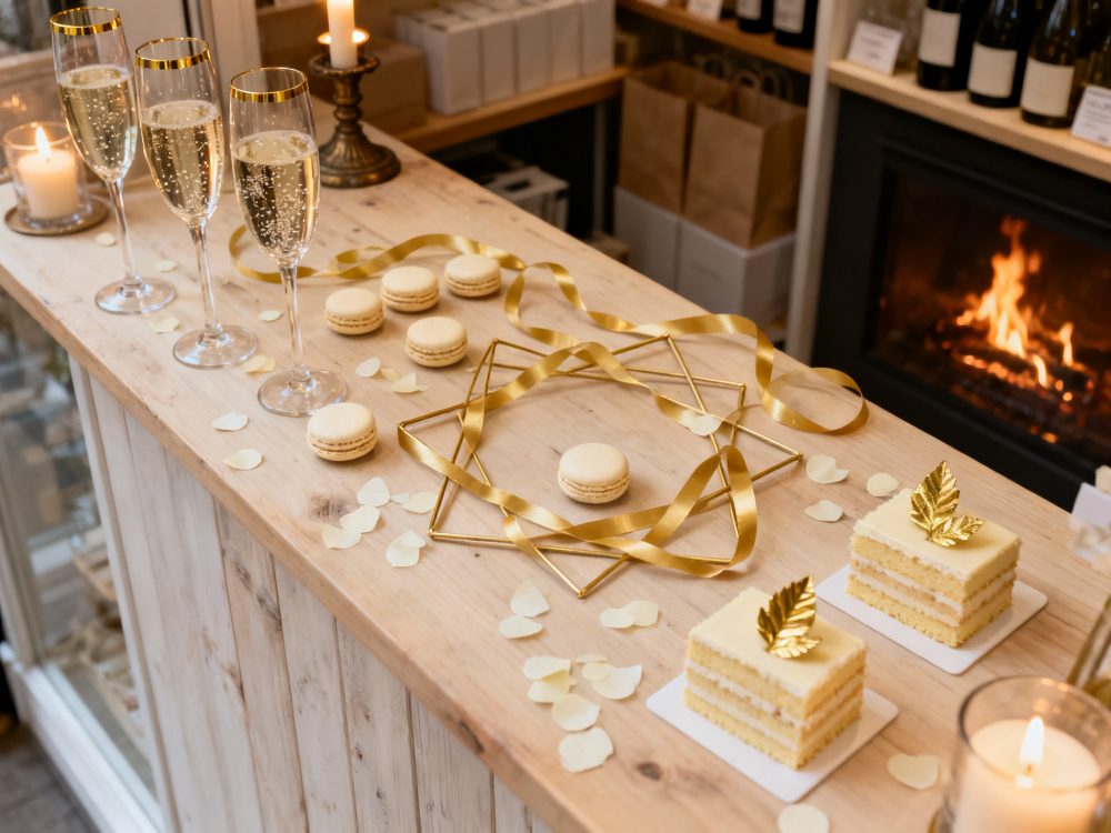 Mesa de madeira com copos de champanhe, macarons, bolos com folhas douradas e velas acesas