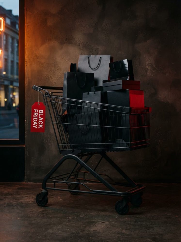 Carrinho de compras preto com sacos e caixas pretas e etiqueta vermelha Black Friday