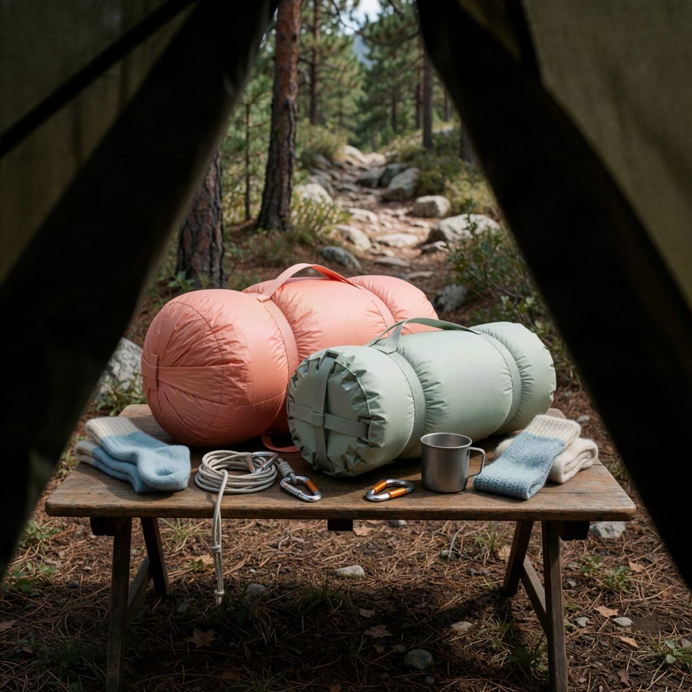 Mesa de campismo com sacos cama, meias, mosquetões, corda e caneca numa floresta