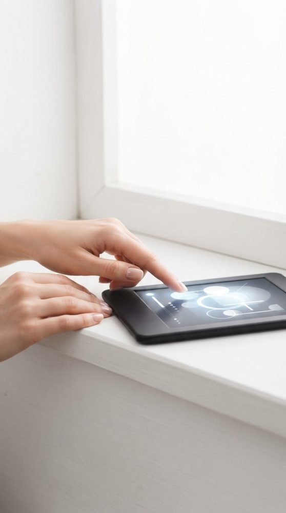 Mãos femininas a usar tablet preto numa superfície branca perto de janela com luz natural