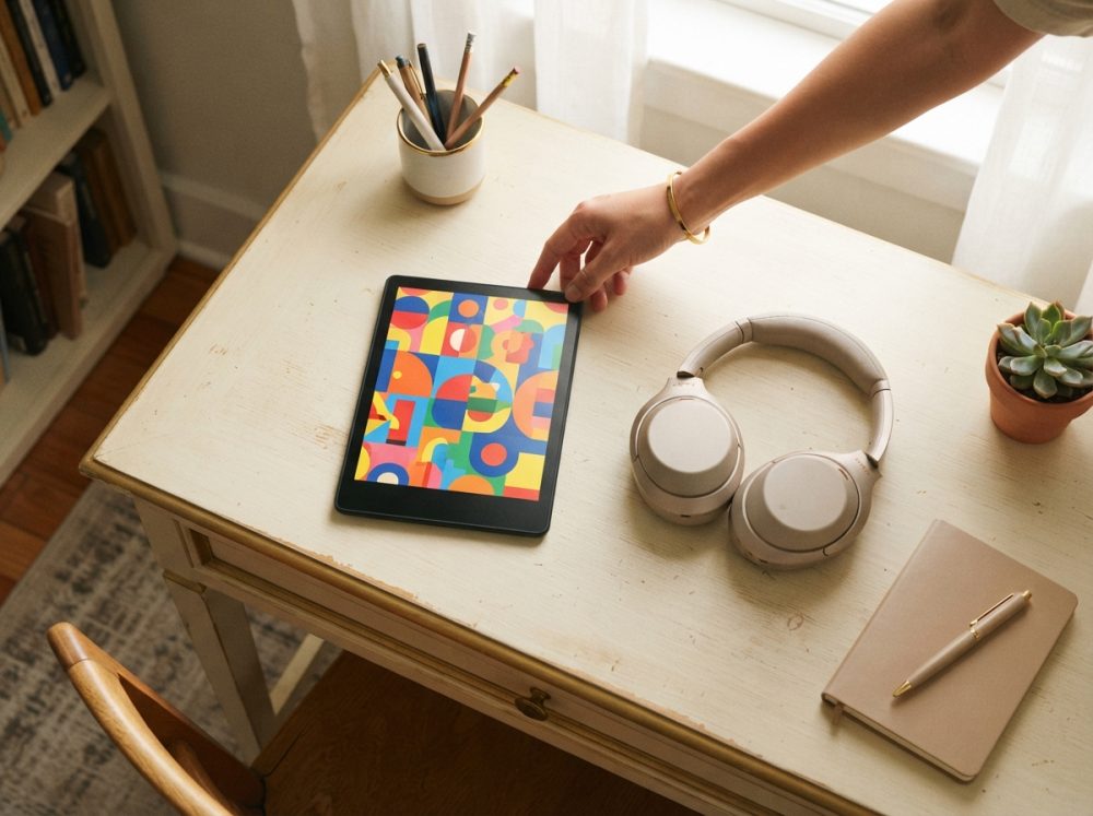 Mesa com tablet colorido, auriculares, caderno, caneta, lápis em suporte e planta em vaso