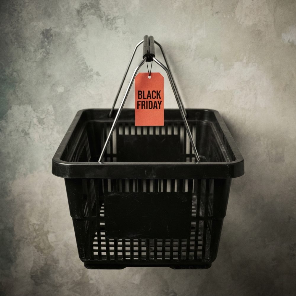 Cesto de plástico preto com etiqueta vermelha Black Friday pendurado em parede cinza
