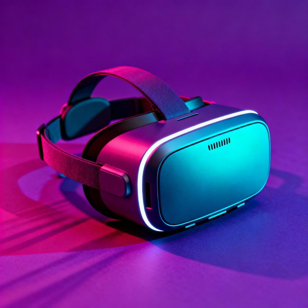 Óculos de realidade virtual modernos iluminados por luzes LED azuis e roxas sobre superfície roxa